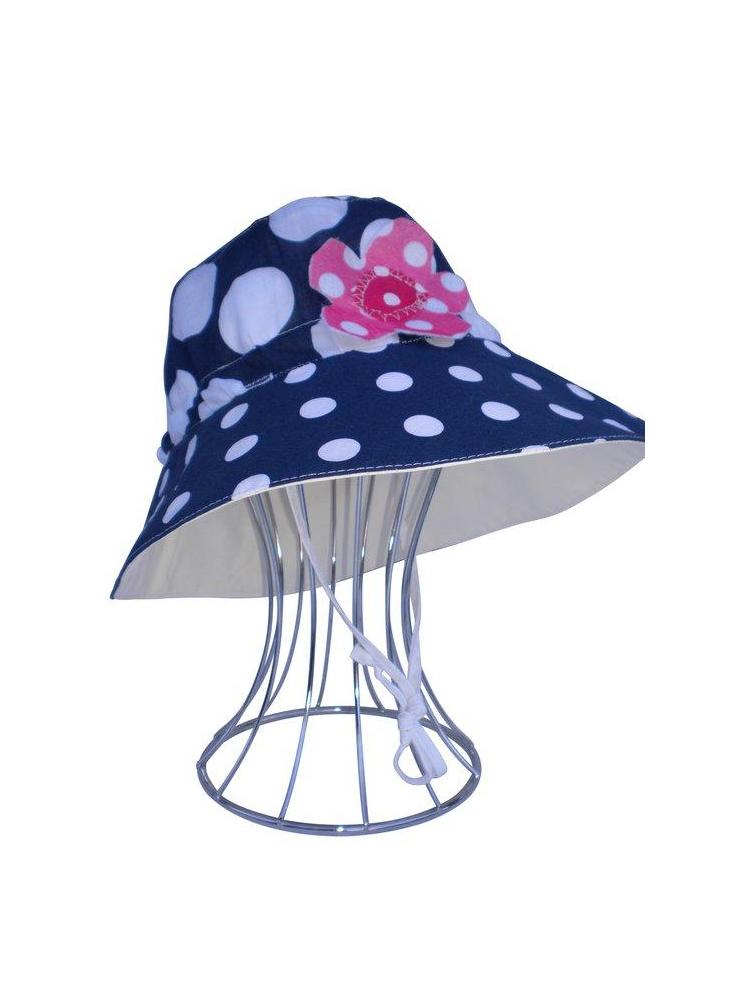 Navy  Polka Dot with Applique Flower with White Suede Feel Inner Reversible Hat