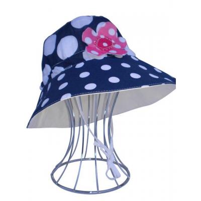 Navy  Polka Dot with Applique Flower with White Suede Feel Inner Reversible Hat